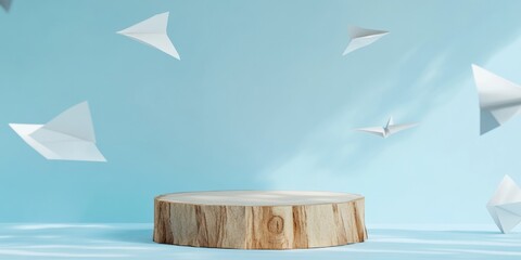 Aufkleber - Minimalist Wooden Podium with Paper Airplanes in Pastel Blue Setting - Natural, Tranquil