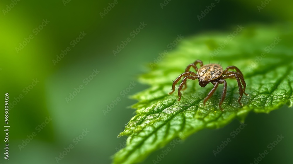 A tiny, dangerous tick called Ixodes ricinus is crawling on a green ...