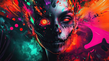 Wall Mural - A woman's face is painted with a skull and glowing red eyes