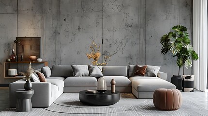 A sleek modern lounge and living room featuring high-end furniture and decor, set against a textured concrete wall background, capturing a refined and stylish atmosphere