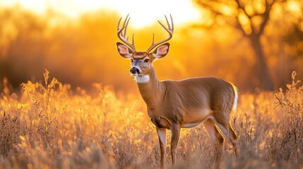 a white-tailed deer buck stands against the setting sun in a baku field.