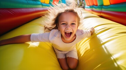 A jubilant child slides down a colorful inflatable slide, hair flying, and a bright smile on their face, capturing pure joy.