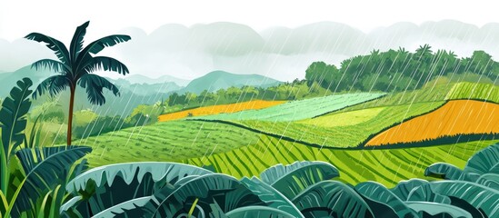 Lush green farm fields with crops in a countryside setting during the rainy season