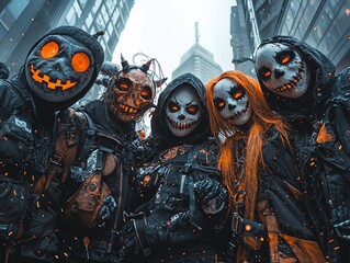 A group of five individuals in dark outfits and elaborate, spooky masks stands in an urban setting, showcasing a Halloween or horror theme.