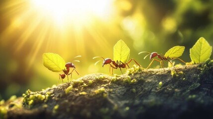 Wall Mural - Ants work together to carry leaves back to their nest. The sunlight shines on them as they carry the leaves. This shows how teamwork can get things done.