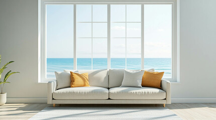 Wall Mural - An empty living room with a comfortable and modern sofa in a light beige color in front of a bright window with a light blue ocean view