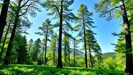 Wall Mural - Tall trees stand in a lush green forest.