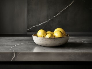 Wall Mural - A polished stone countertop showcases a ceramic bowl filled with fresh lemons in a minimalist kitchen, highlighting subtle textures and grey tones