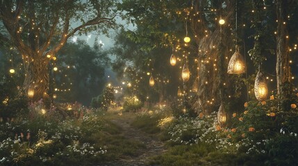 Wall Mural - an enchanting forest filled with whimsical creatures