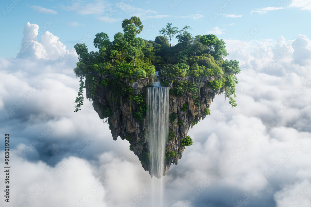 Magical floating island with a waterfall cascading into clouds below ...