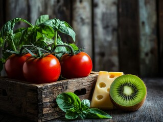 Wall Mural - A low-angle view captures fresh tomatoes on a rustic wooden table beside a wedge of cheese and whole kiwi, beautifully illuminated by natural light