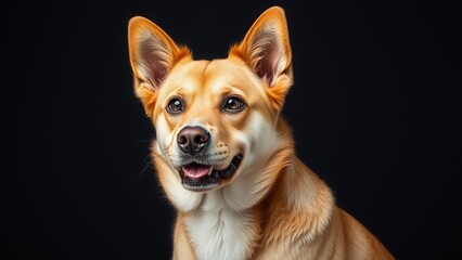 A golden dog with white markings looks up.