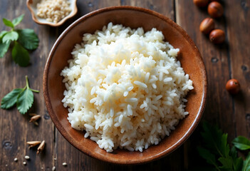 a bowl of cooked white rice on a wooden table, upfront view