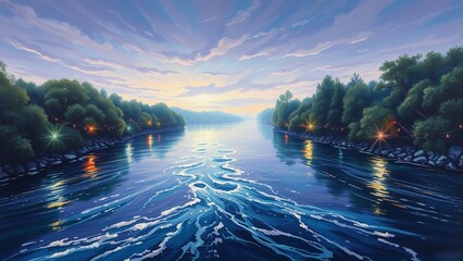 Wall Mural - A calm river flows through a wooded area, lit by string lights.