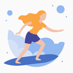 A woman in a yellow shirt and blue shorts is riding a surfboard. The image has a fun and energetic mood, as the woman is actively engaged in the sport