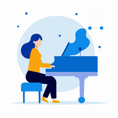 A woman is playing the piano. The piano is blue and the woman is sitting on a stool