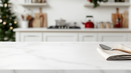 Aufkleber - Minimalist White Marble Tabletop in Modern Kitchen with Soft Ambient Light and Food-Themed Decor - Product Display Ready