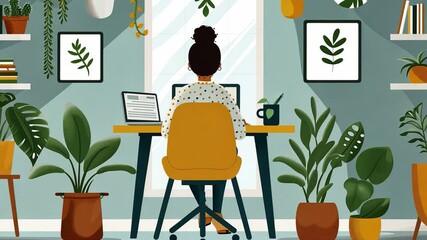 Aufkleber - The workspace features a woman at a desk, focused on her laptop. She is surrounded by various houseplants, creating a tranquil and inspiring environment for productivity.