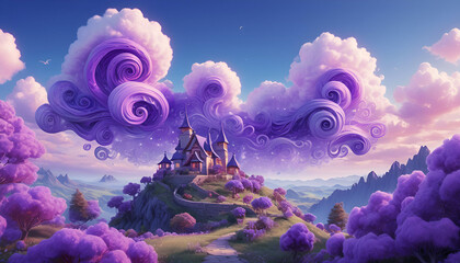 A fairytale castle in a magical land where kind and wise mythical creatures live. Unseen trees, grass of incredible colour, and crystals of magic, happiness and luck are scattered in the sky. 