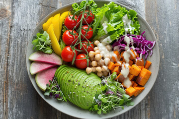 Wall Mural - Fresh Vibrant Salad with Avocado, Cherry Tomatoes, Chickpeas, and Assorted Vegetables on Rustic Wooden Table