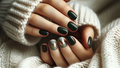 A close-up of a person’s hands with well-manicured nails painted in a dark green shade, two nails adorned with gold leaf patterns. The hands are partially covered by a soft, knitted white fabric, sugg