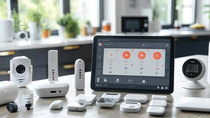 Poster - A sleek array of smart home devices is neatly displayed on a kitchen counter, emphasizing connectivity and convenience for everyday household management.