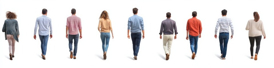 Walking Away. Diverse Group of People Walking in Full Body View Isolated on White Background