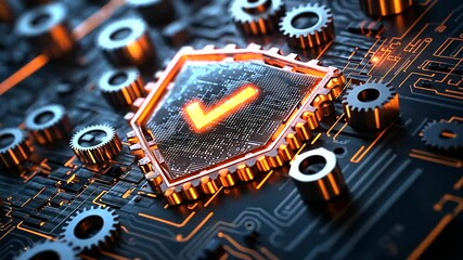 Wall Mural - a shield made of rusty gears with a digital checkmark hovering in front, representing the precision 