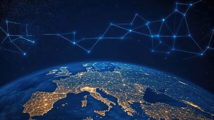 Wall Mural - A vibrant display of interconnected lines illustrates global internet connections across the Earth’s surface, glowing with blue and white lights under a night sky filled with stars