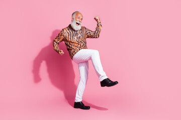 Poster - Photo of positive cheerful old man rejoice raise winning fists up wear glamour clothes isolated pastel color background