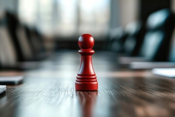 Red chess pawn on wooden table in conference room