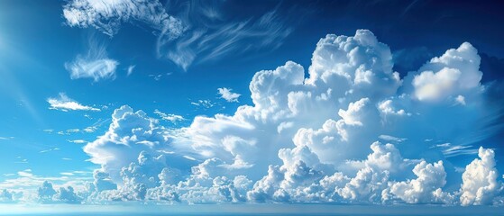 a panoramic view of a blue sky with fluffy white clouds, creating a calming effect. free copy space 