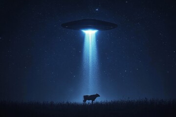 a cow stands alone in a field as a mysterious spacecraft emits a beam of light on a starry night