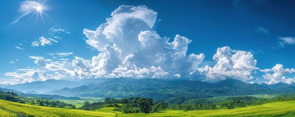 Wall Mural - A panoramic view of a blue sky with fluffy white clouds, creating a calming effect. Free copy space for text.