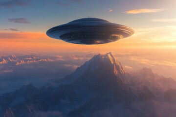 a futuristic flying saucer hovers above majestic mountains during a colorful sunset, blending techno