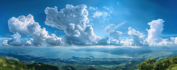 Wall Mural - A panoramic view of a blue sky with fluffy white clouds, creating a calming effect. Free copy space for text.