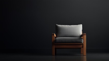 Poster - A modern wooden chair with a grey cushion set against a dark wall in a minimalist interior space during the evening hours