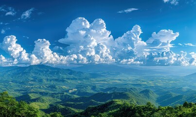 Wall Mural - A panoramic view of a blue sky with fluffy white clouds, creating a calming effect. Free copy space for text.