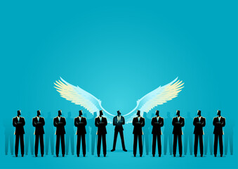 Angelic businessman stands tall among others, with wings spread wide, symbolizing ethical leadership and integrity. A concept for morality, guidance, and positive influence in business