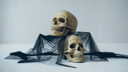 Two realistic skulls are depicted photo, 
contrasting with a solid black background and a bright white top section, creating a minimalist, eerie, and spooky atmosphere.