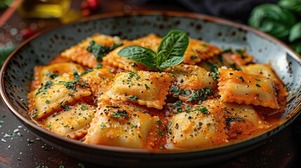 Wall Mural - Ravioli with Tomato Sauce and Basil