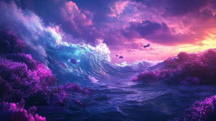 Vibrant Ocean Sunset with Purple Coral Reef