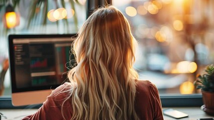 Aufkleber - A woman sits at her desk, focused on her computer while the sun sets in the background, casting warm light over the cityscape and creating a serene atmosphere.