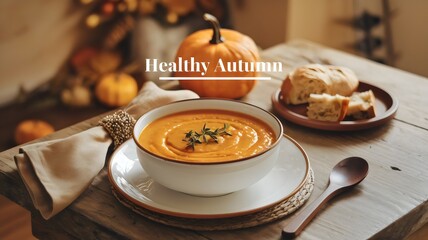 Healthy Pumpkin Soup with Bread and Pumpkins on a Vintage Table