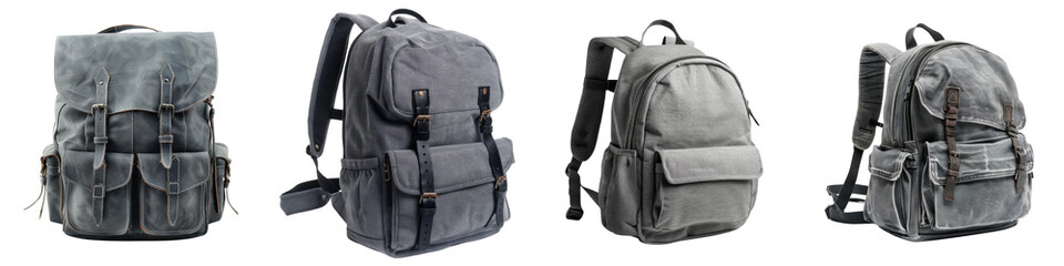 collection of backpacks grey isolated on transparent or white background