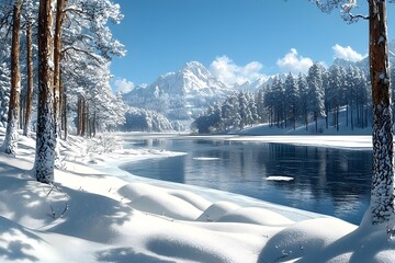 Scenic winter landscape with snow-covered forest and serene river under clear blue sky