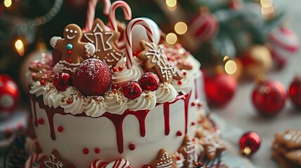 Wall Mural - Christmas Cake With Gingerbread and Red Candy