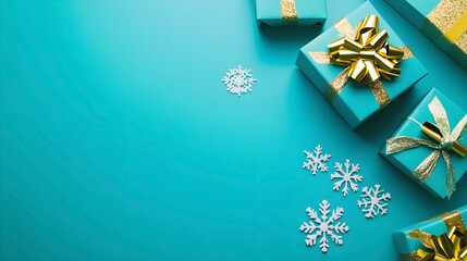 Christmas gifts wrapped in turquoise paper with gold ribbons and decorative snowflakes on a matching background, creating a festive and elegant holiday scene