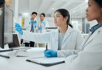 Aufkleber - Laboratory, teamwork and doctors with computer for planning, feedback and discussion for treatment. Healthcare, scientists or women with clipboard for medical review, checklist and report information