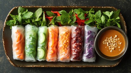 vegetarian and vegan dishes, A vibrant assortment of fresh vegetable spring rolls served with savory dipping sauce, perfect for healthy snacking.